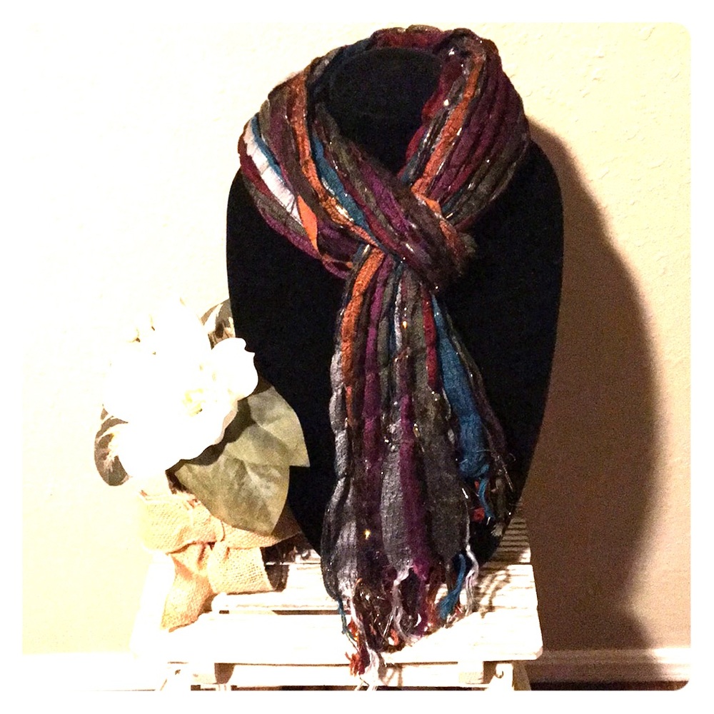 Fall Multi-Colored Woven Scarf with Metallic Accents